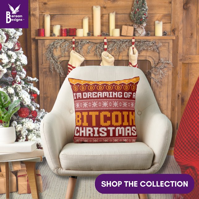 Dreaming of a BITCOIN CHRISTMAS Faux Knit Pattern  Cushion (Fun stylish BITCOIN CHRISTMAS pillow to add to your festive Christmas home décor. Matching gifts too)