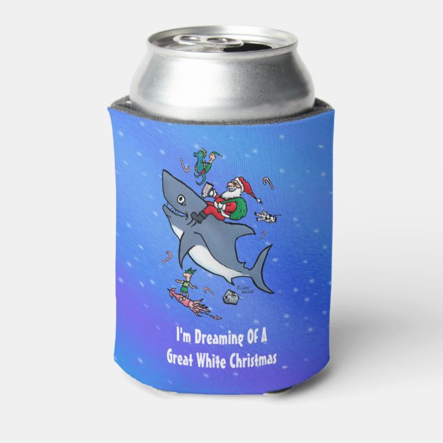 Dreaming Of A Great White Shark Funny Christmas Can Cooler (Can Back)