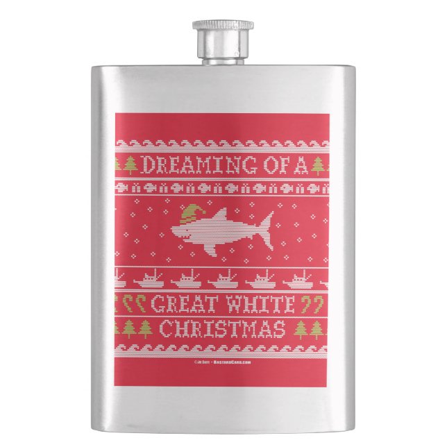 Dreaming of Great White Christmas Ugly Sweater Hip Flask (Front)