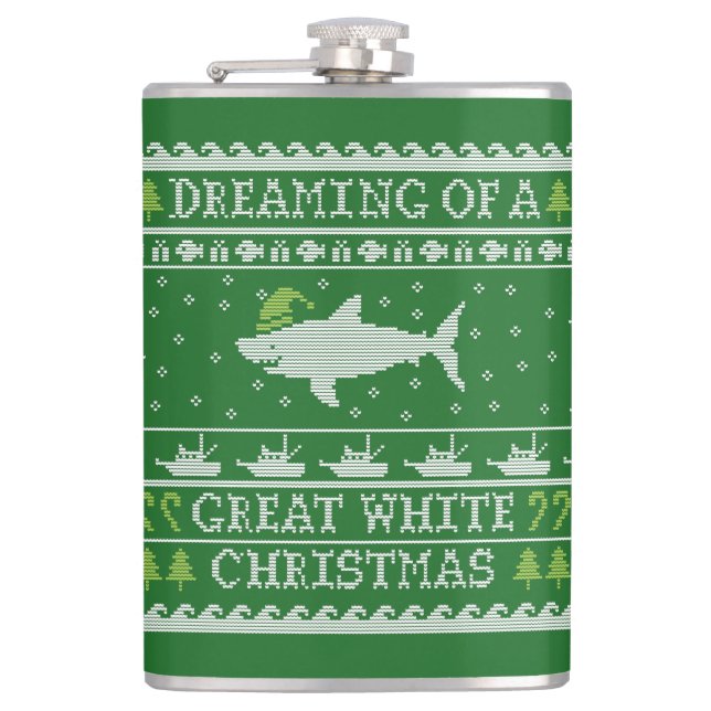 Dreaming of Great White Xmas Ugly Sweater Style Hip Flask (Front)