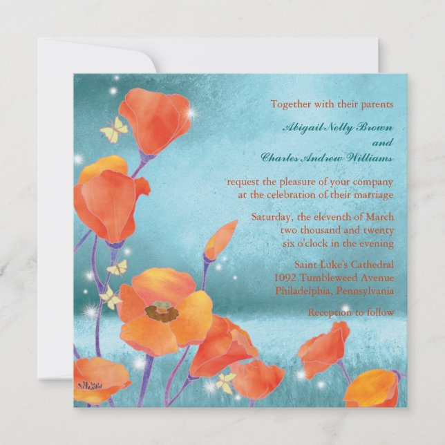 Dreaming Poppy Red & Turquoise Wedding Invitation (Front)