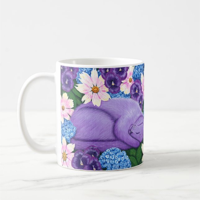 Dreaming, Sleeping Purple Cat in Flowers Coffee Mug (Left)