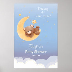 Dreaming Teddy Bear Moon Soft Blue Baby Shower Poster