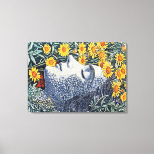 Dreaming Woman Face Made of Flowers Detailed Print