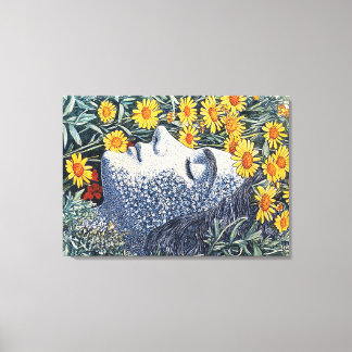 Dreaming Woman Face Made of Flowers Detailed Print