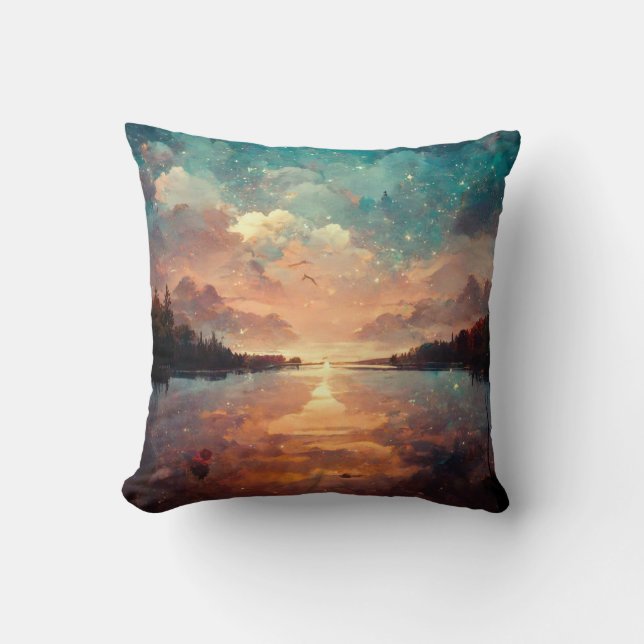 Dreamlike Lake And Sunset | Landscape Painting Cushion (Front)