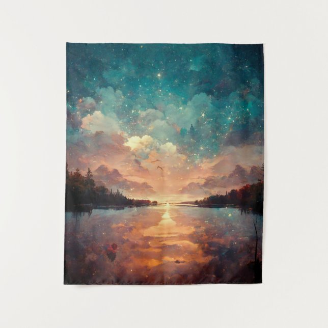 Dreamlike Lake And Sunset | Landscape Painting Tapestry (Front)