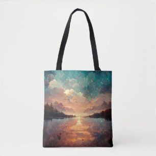 Dreamlike Lake And Sunset Landscape Painting Tote Bag