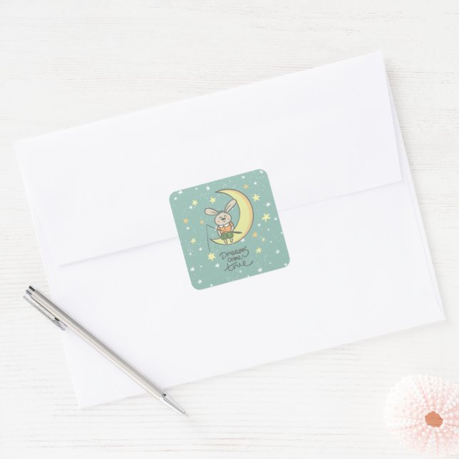 Dreams Come True | Bunny on the Moon Square Sticker (Envelope)