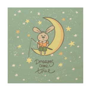 Dreams Come True   Bunny on the Moon Wood Wall Art
