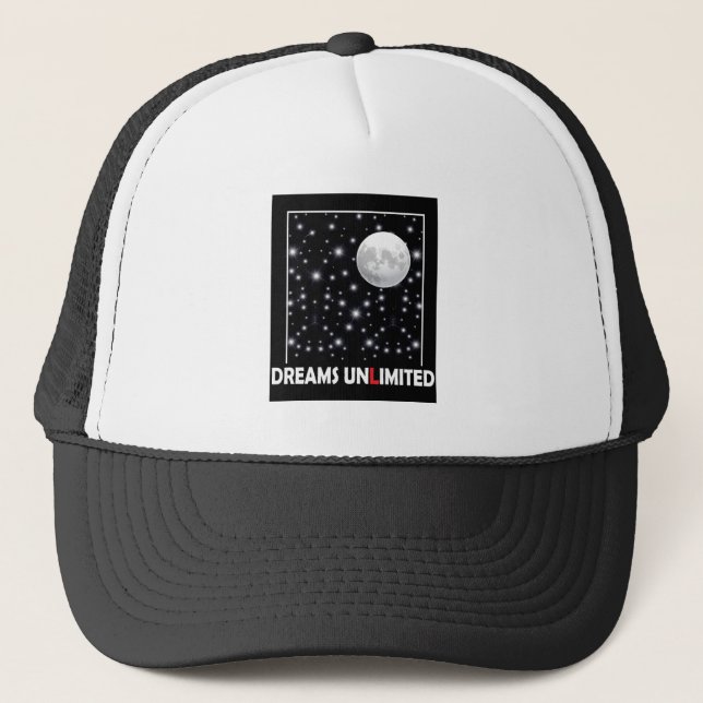 Dreams unlimited with starry nights and moon. trucker hat (Front)