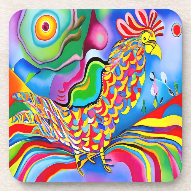 "Dreamscape Bird". A SQ surreal abstract cockerel  Coaster (Front)