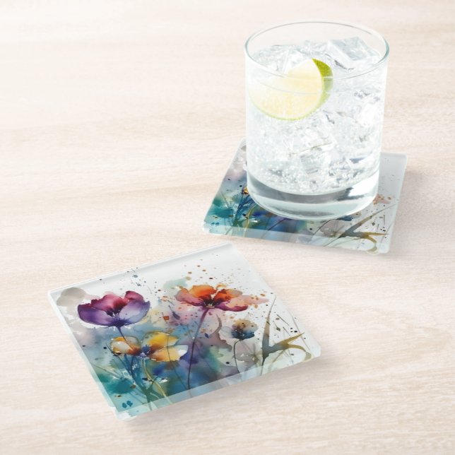 Dreamscape Garden: Abstract Watercolor Flowers Glass Coaster (Angled)