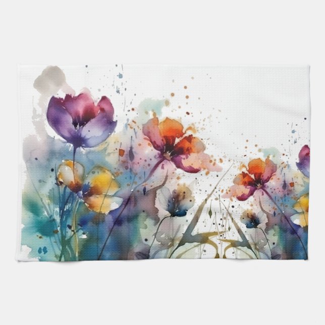 Dreamscape Garden: Abstract Watercolor Flowers Tea Towel (Horizontal)