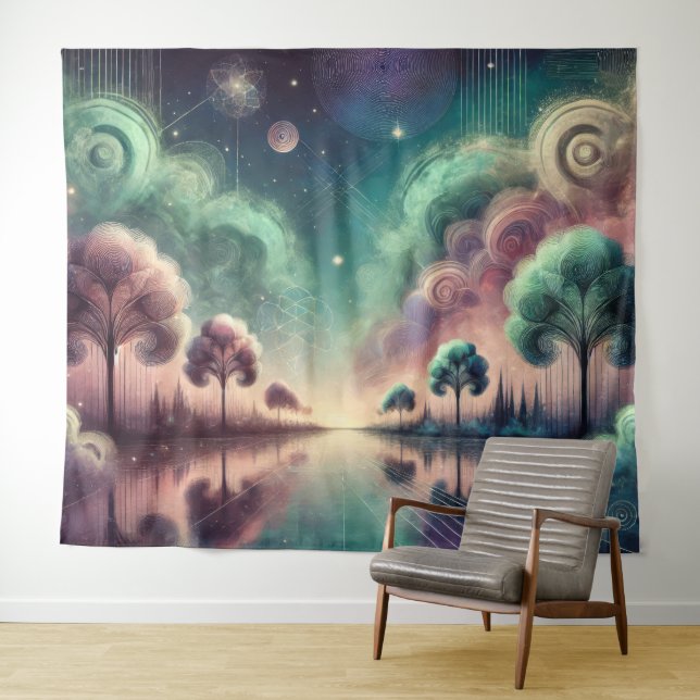 Dreamscape Swirling Trees Cosmic Reflections Tapestry (In Situ (Horizontal))