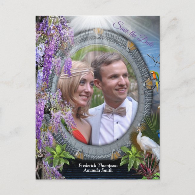 Dreamscape Wisteria flowers around a portal Announcement Postcard (Front)