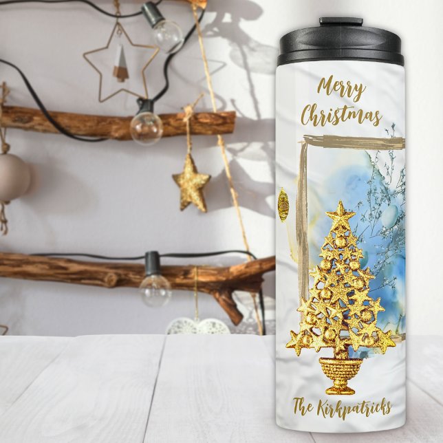 Dreamy 6 Photo Collage Blue & Gold Christmas Tree Thermal Tumbler (Creator Uploaded)