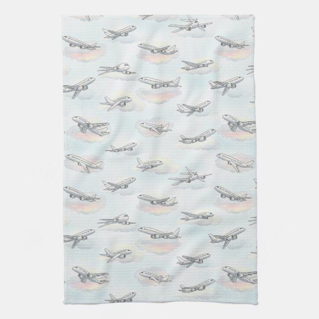 Dreamy Aeroplane Sky Travel Pattern (1) Tea Towel (Vertical)