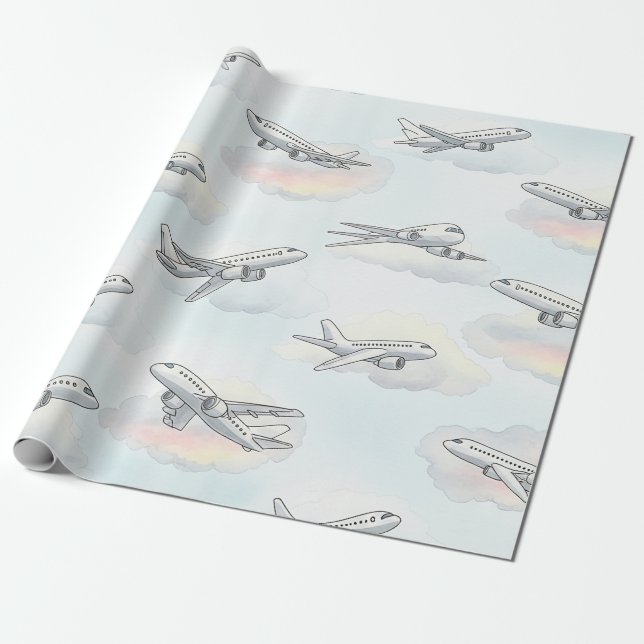 Dreamy Aeroplane Sky Travel Pattern (1) Wrapping Paper (Unrolled)