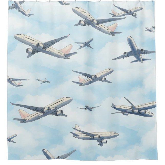 Dreamy Aeroplane Sky Travel Pattern (2) Shower Curtain (Front)