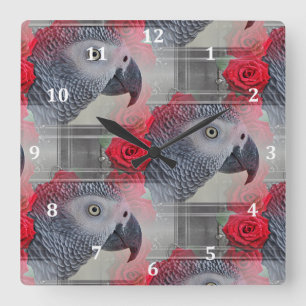 Dreamy African Grey with Red Roses Square Wall Clock