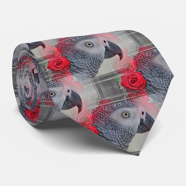 Dreamy African Grey with Red Roses Tie (Rolled)
