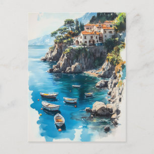 Dreamy Amalfi Coast: Watercolor Painting Design Holiday Postcard