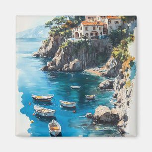 Dreamy Amalfi Coast: Watercolor Painting Design Magnet