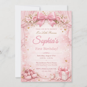 Dreamy and Glitter Floral Pink Bow 1st Birthday Invitation