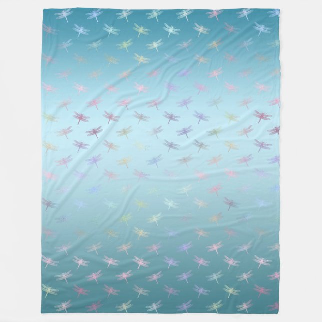 Dreamy Aqua Ombre Rainbow Dragonflies Fleece Blanket (Front)