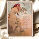 Dreamy Art Nouveau Wedding Menu Card<br><div class="desc">This exquisite Art Nouveau wedding menu card brings a serene, nature-inspired charm to your wedding. The design features a tranquil woman adorned with a crown of red blossoms, sitting peacefully by the water’s edge with flowing branches and soft foliage around her. The soothing colour palette of soft blues, warm beiges,...</div>