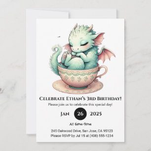 Dreamy Baby Dragon in Vintage Teacup Birthday Invitation