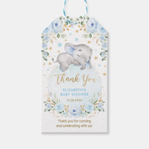 Dreamy Baby Elephant Blue Gold Floral Moon Stars Gift Tags