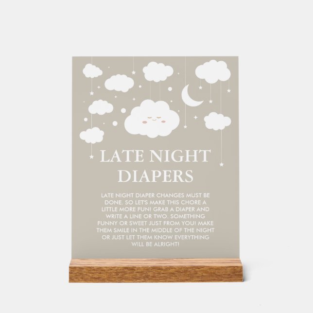 Dreamy Baby Shower Late Night Diapers Game  Acrylic Sign (Front)