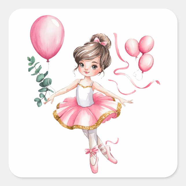 Dreamy Ballerina in Flight Birthday Party Square Sticker (Front)