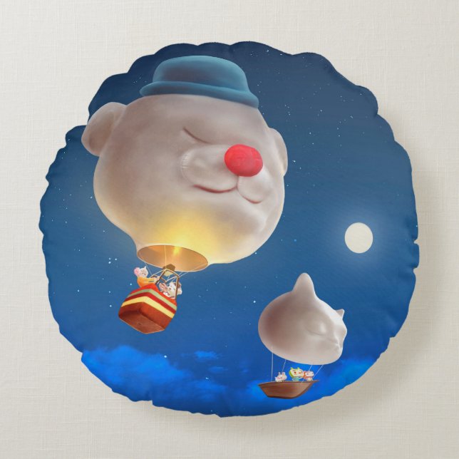 Dreamy Balloon Ride: Smiling Bichon Hot Air Balloo Round Cushion (Front)