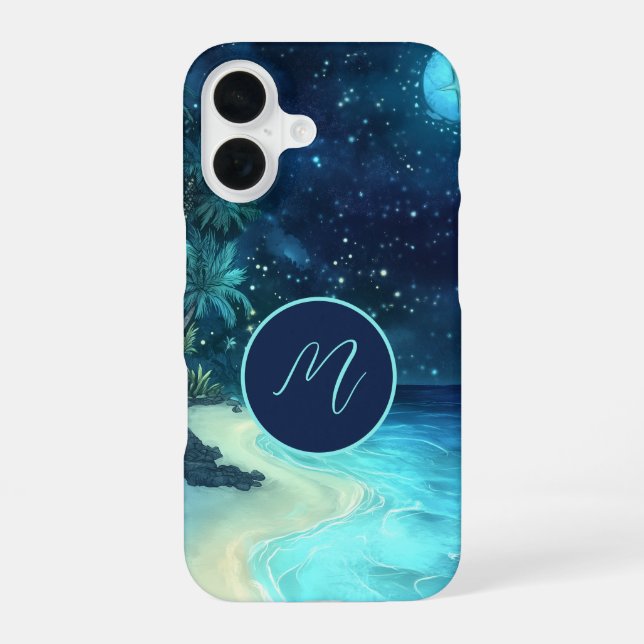 Dreamy Beach Starry Night Sky Monogram iPhone 16 Case (Back)