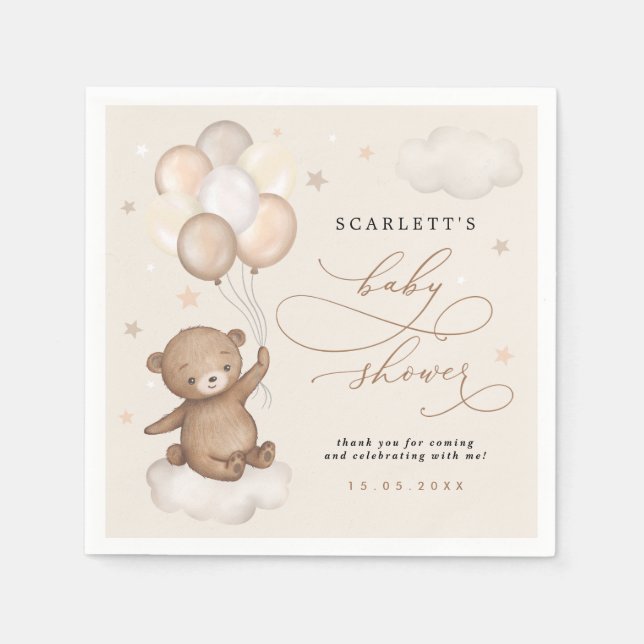 Dreamy Bear & Balloons Pastel Brown Baby Shower Napkin (Front)