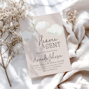 Dreamy Beige Heaven Sent Baby Shower Invitation