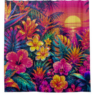 Dreamy Blooming Tropical Garden Geometric Art Shower Curtain