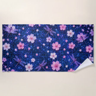 Dreamy Blossom Night With Cherry flowers and Drago Beach Towel
