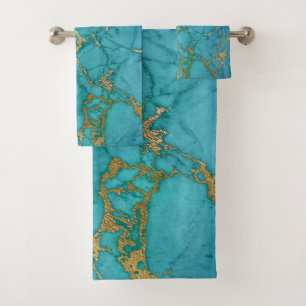DREAMY BLUE AQUA GOLD MARBLE 2 BATHROOM TOWEL SET