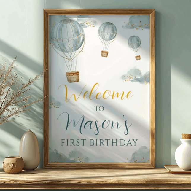 Dreamy Blue Balloon First Birthday Boy Glitter Poster (Creator Uploaded)