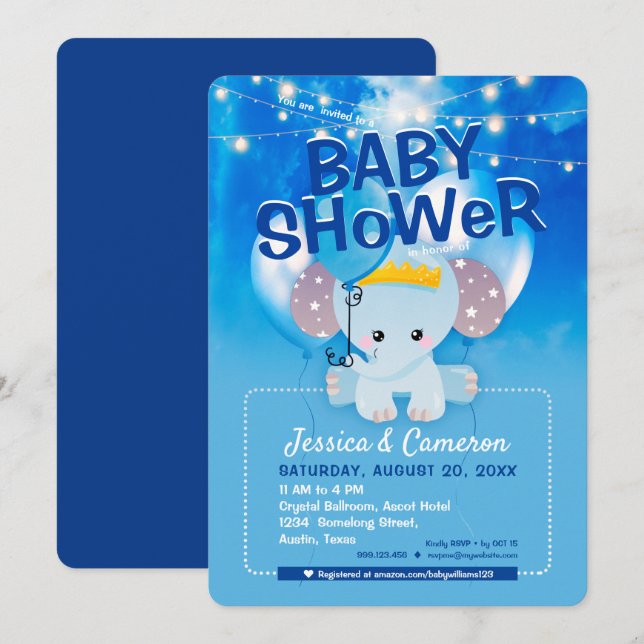 Dreamy Blue Balloons Baby Elephant Baby Shower Invitation (Front/Back)
