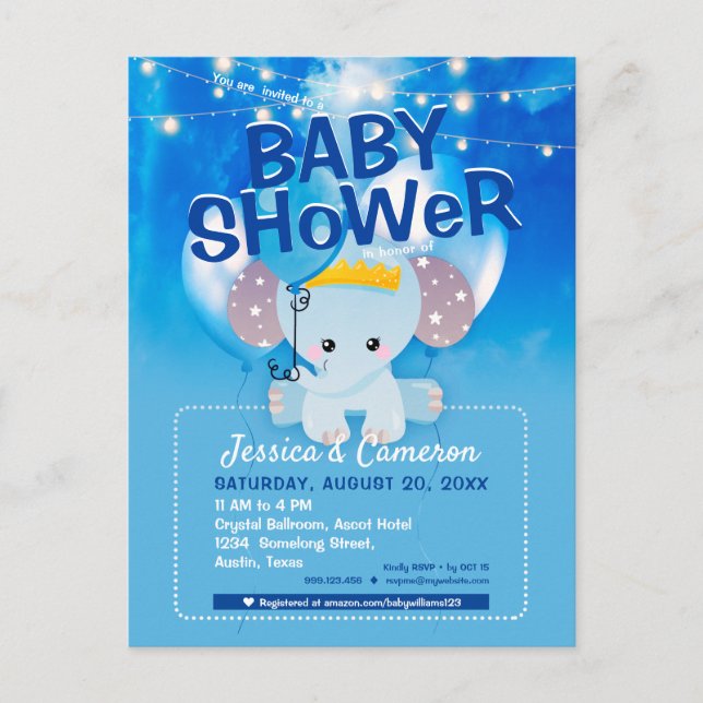 Dreamy Blue Balloons Baby Elephant Baby Shower Postcard (Front)