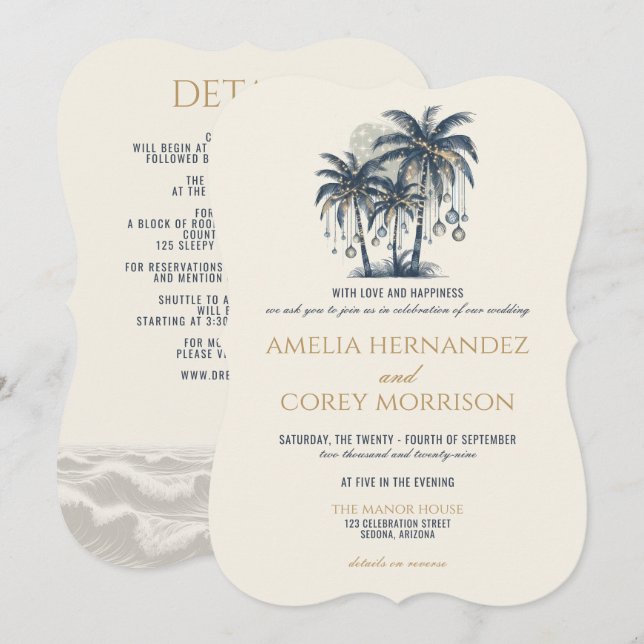 Dreamy Blue Beach with Details Wedding Invitation (Front/Back)
