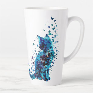 Dreamy Blue Cat – Butterfly & Floral Art Latte Mug