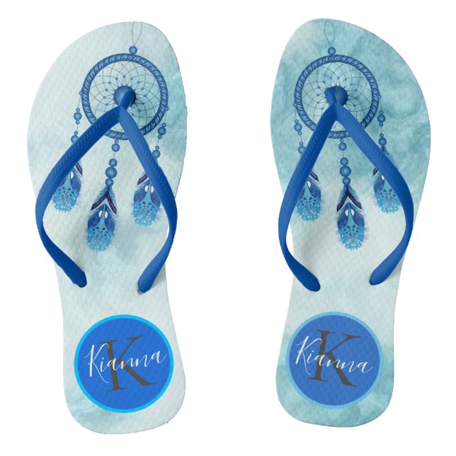 Dreamy Blue Dream Catcher Monogram Flip Flops (Footbed)