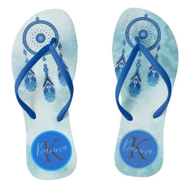 Dreamy Blue Dream Catcher Monogram Flip Flops (Footbed)