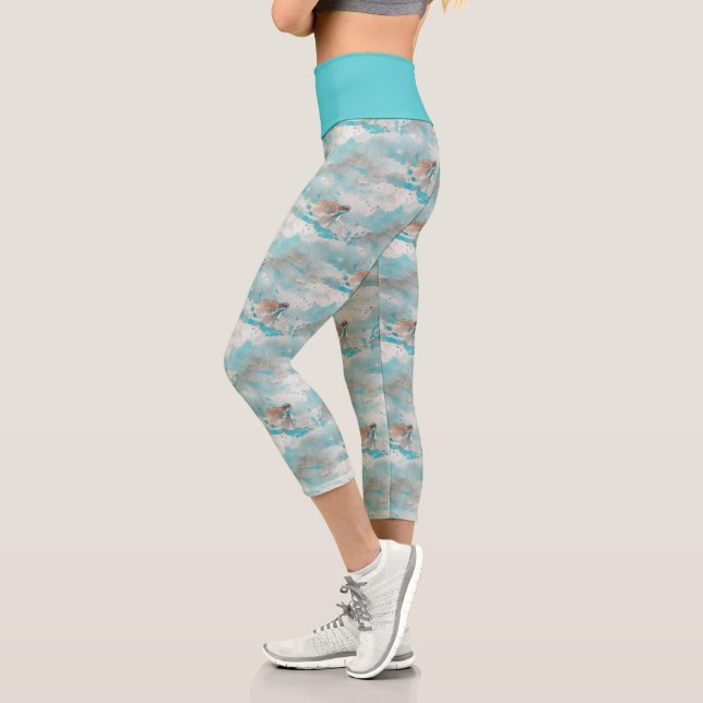 Dreamy Blue Flying Sea Turtle Nautical Pattern Capri Leggings (Left)